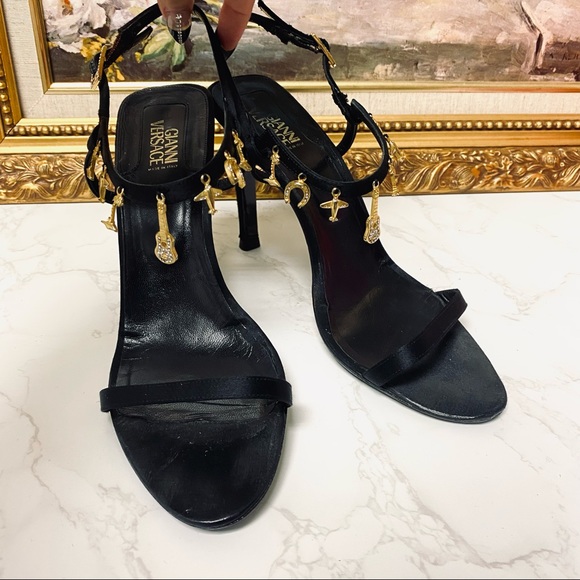 Versace Shoes - RARE VERSACE gold lucky charm vintage black strappy sandals heels